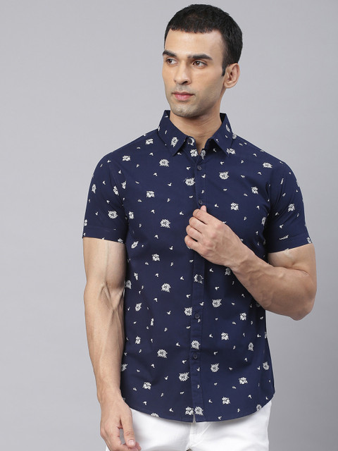 

Dennis Lingo Men Navy Blue Comfort Slim Fit Floral Printed Pure Cotton Casual Shirt