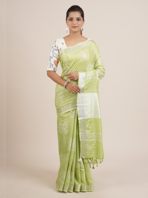 

Pothys Green Floral Printed Pure Linen Saree