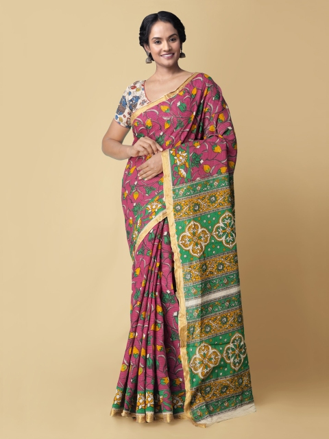 

Unnati Silks Pink & Beige Kalamkari Pure Cotton Kanjeevaram Sustainable Saree