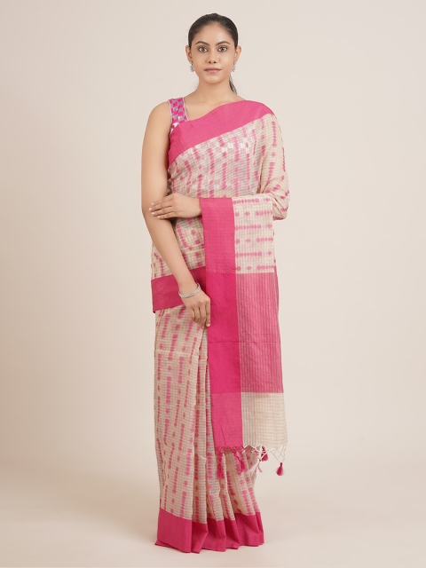 

Pothys Cream-Coloured & Pink Striped Embroidered Supernet Saree