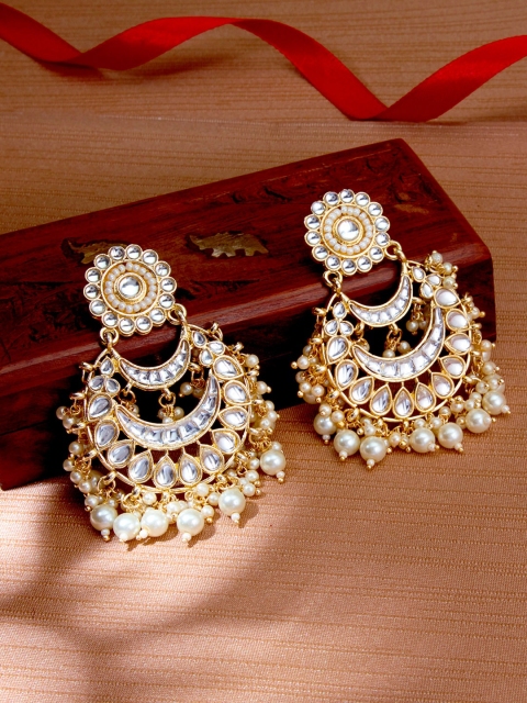 

Sukkhi White Gold-Plated Kundan Studded Crescent Shaped Chandbalis