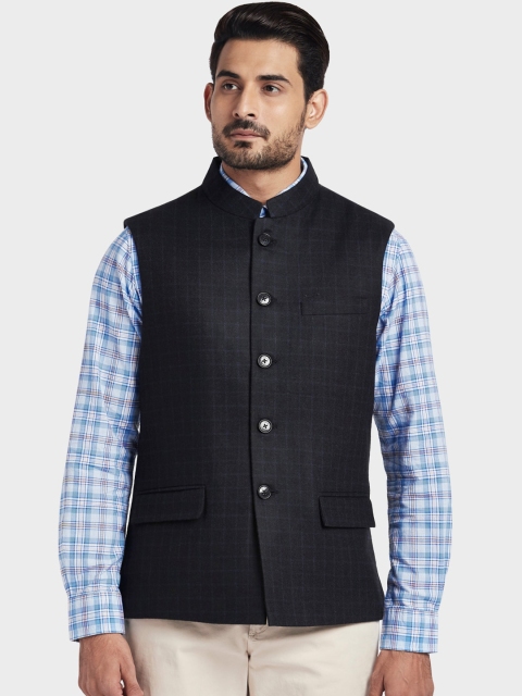 

ColorPlus Men Navy Blue Checked Tailored Fit Nehru Jacket