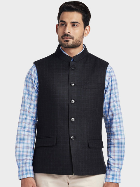 

ColorPlus Men Navy Blue Checked Tailored Fit Nehru Jacket