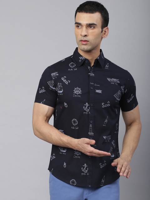 

Dennis Lingo Men Navy Blue Comfort Slim Fit Printed Pure Cotton Casual Shirt