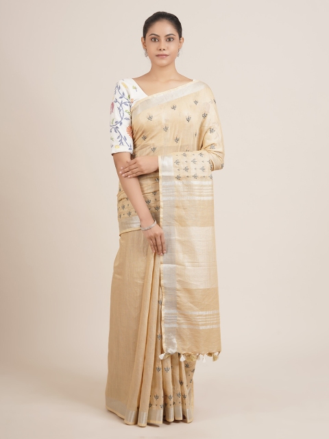 

Pothys Cream-Coloured Ethnic Motifs Linen Blend Saree