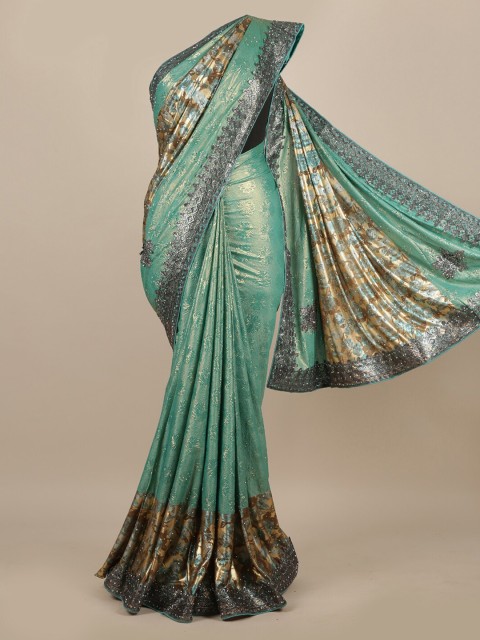 

Pothys Sea Green & Brown Embellished Beads and Stones Jute Silk Heavy Work Saree
