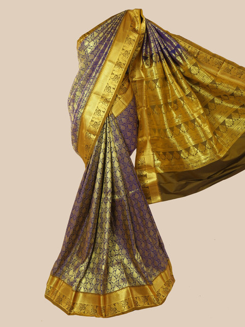 

Pothys Blue & Gold-Toned Woven Design Zari Pure Silk Kanjeevaram Saree