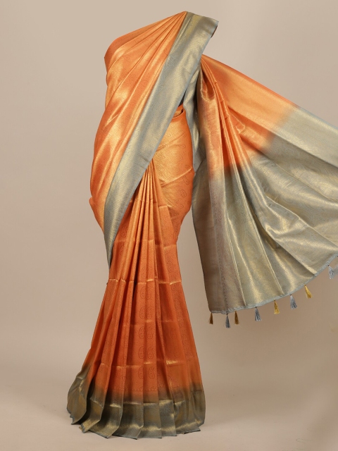 

Pothys Peach-Coloured Checked Zardozi Jute Silk Saree NA