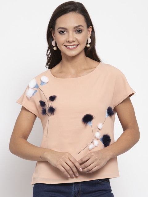 

Global Republic Peach-Coloured & Navy Blue Embellished Regular Top