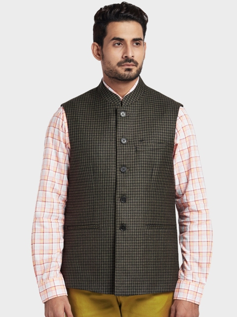 

ColorPlus Men Khaki Brown Checked Tailored Fit Nehru Jacket