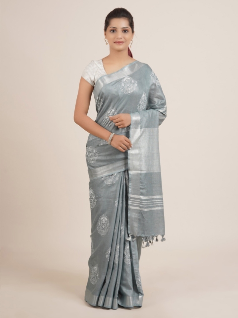 

Pothys Grey Ethnic Motifs Zari Pure Linen Saree