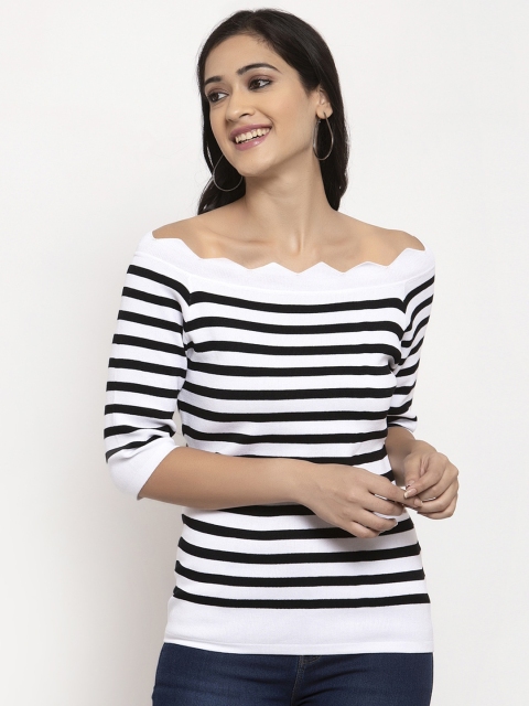 

Global Republic White & Black Striped Off-Shoulder Monochrome Bardot Top