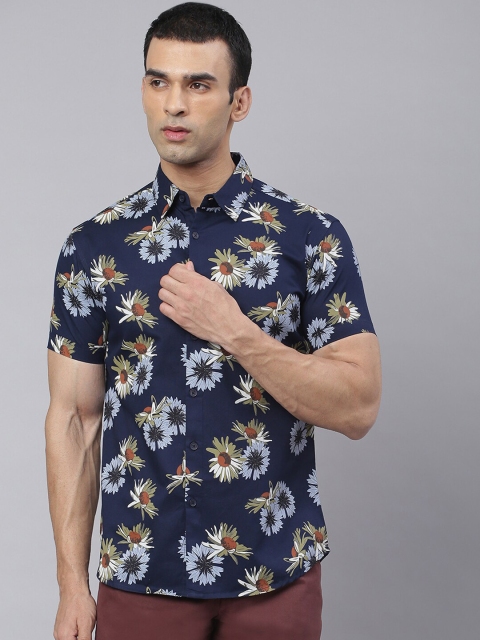 Dennis Lingo Men Navy Blue Comfort Slim Fit Floral Printed Pure Cotton Casual Shirt