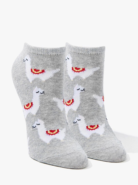 

FOREVER 21 Women Grey & Red Llama Print Ankle Socks