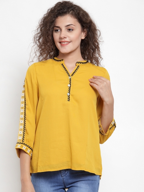 

Global Republic Mustard Yellow & Black Mandarin Collar Regular Top