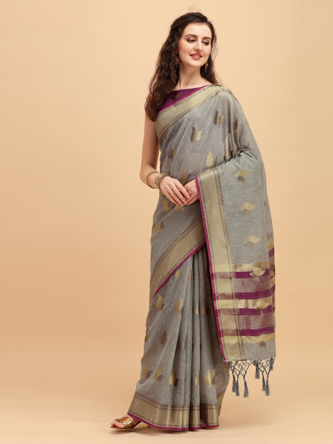 

House of Pataudi Grey & Gold Ethnic Motifs Zari Jashn Saree