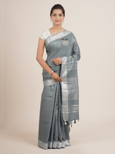Pothys Grey Striped Embroidered Pure Linen Saree