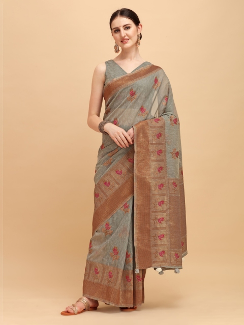 

House of Pataudi Grey & Red Ethnic Motifs Embroidered Cotton Blend Saree