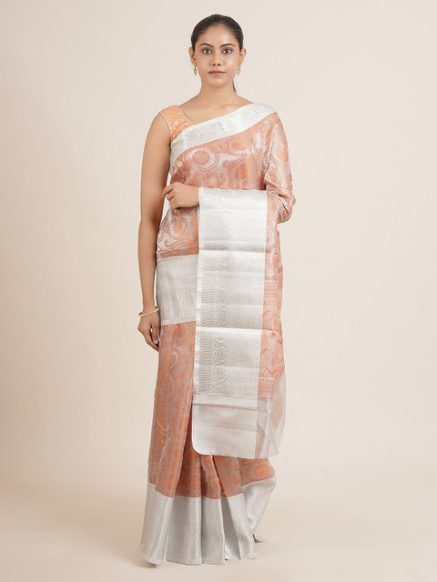 

Pothys Peach-Coloured Woven Design Patchwork Tissue Saree