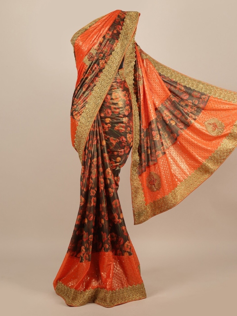 

Pothys Orange & Brown Floral Embroidered Jute Silk Heavy Work Saree