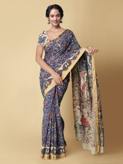 

Unnati Silks Blue Kalamkari Pure Cotton Kanjeevaram Saree