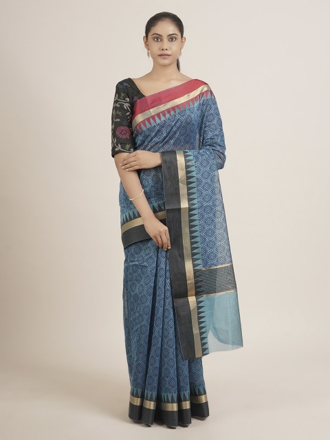 

Pothys Blue Printed Chanderi Cotton Saree