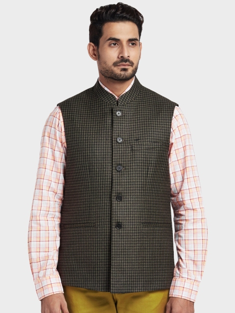 

ColorPlus Men Khaki Brown Checked Tailored Fit Nehru Jacket
