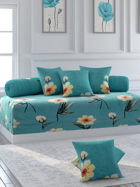 

Bromwick Set Of 8 Sea Green & Yellow Floral Printed Cotton Bedsheet With Bolster & Cushion Covers