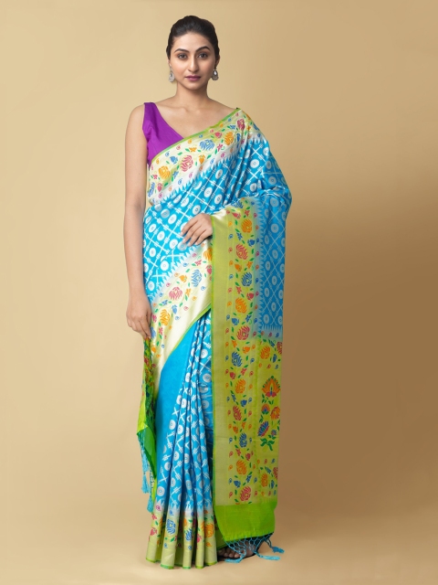 

Unnati Silks Blue Ethnic Motifs Zari Silk Cotton Banarasi Saree