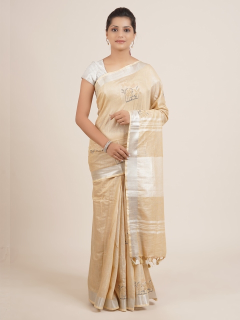 

Pothys Cream-Coloured Woven Design Zari Pure Linen Saree