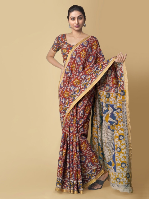 

Unnati Silks Red & Beige Kalamkari Zari Pure Cotton Kanjeevaram Saree