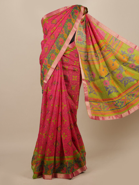 

Pothys Magenta & Green Ethnic Motifs Embroidered Jute Silk Saree