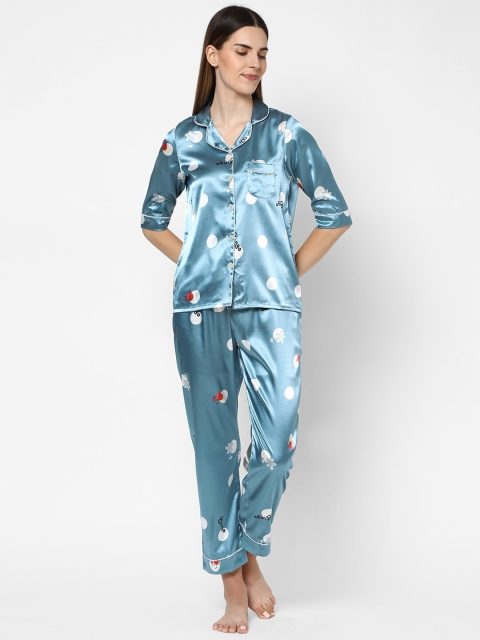 

Sweet Dreams Women Turquoise Blue & White Printed Satin Night Suit