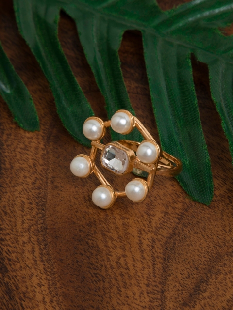 

INDYA Gold-Plated & White Pearl-Studded Hexa Finger Ring