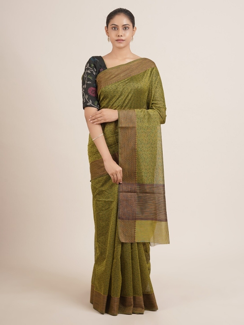 

Pothys Olive Green Ethnic Motifs Printed Chanderi Saree