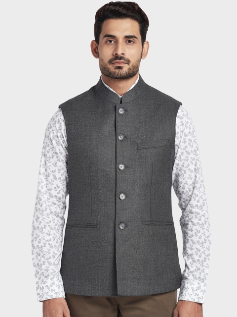 

ColorPlus Men Charcoal Grey Solid Tailored Fit Nehru Jacket