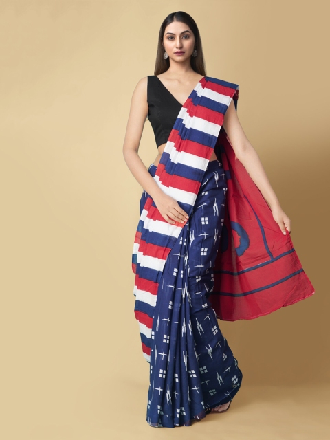 

Unnati Silks Blue & Red Pure Cotton Pochampally Saree