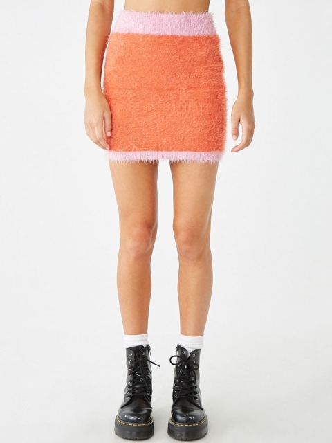 

FOREVER 21 Women Orange Solid Fuzzy Straight Mini Skirt