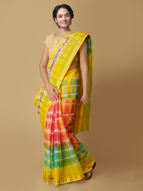 

Unnati Silks Yellow & Pink Leheriya Zari Pure Cotton Kota Handloom Saree