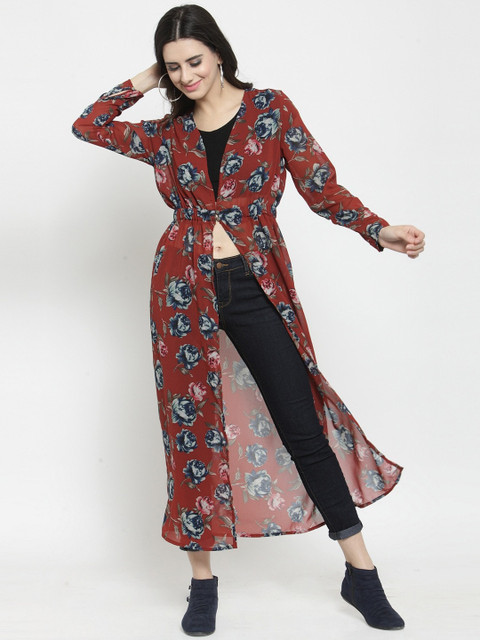 

Sera Women Rust Brown & Blue Printed Longline Button Shrug