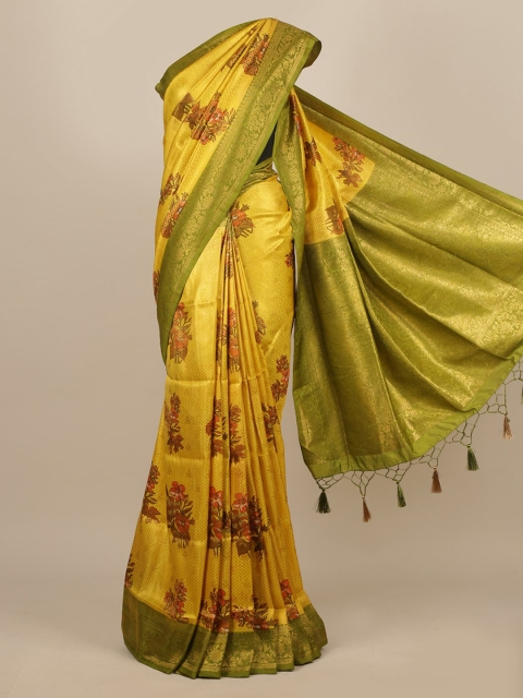 

Pothys Yellow & Green Floral Zari Jute Silk Saree