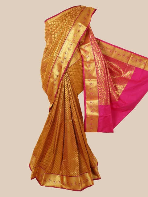 

Pothys Mustard & Pink Ethnic Motifs Zari Pure Silk Kanjeevaram Saree