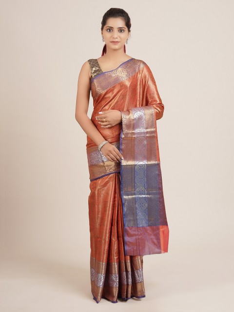

Pothys Peach-Coloured & Blue Ethnic Motifs Zari Jute Silk Saree