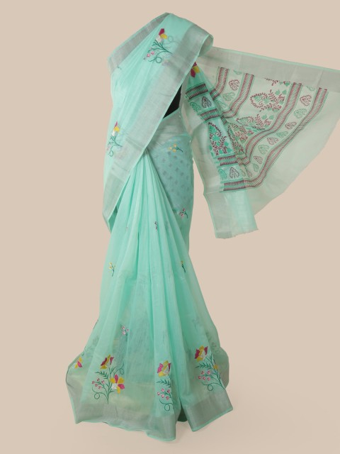 

Pothys Green Floral Embroidered Saree Chanderi