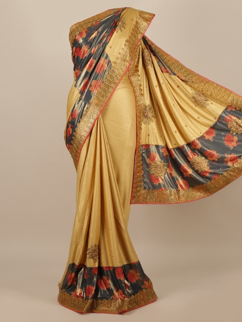 

Pothys Golden & Grey Floral Embroidered Jute Silk Saree, Gold