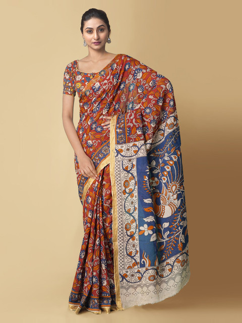 

Unnati Silks Maroon & Beige Kalamkari Pure Cotton Kanjeevaram Sustainable Saree