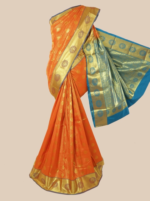 

Pothys Orange & Blue Ethnic Motifs Zari Pure Silk Kanjeevaram Saree