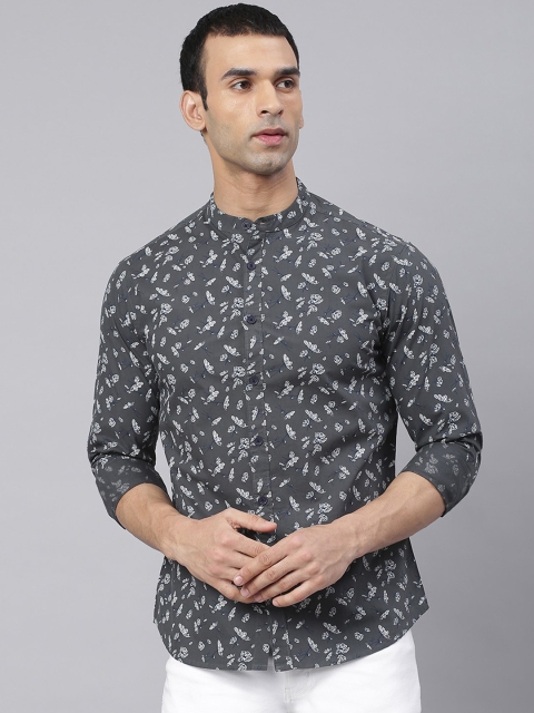 

Dennis Lingo Men Grey Comfort Slim Fit Floral Printed Pure Cotton Casual Shirt