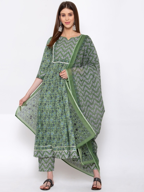 

Yuris Women Green Printed Pure Cotton Kurta with Trousers & With Dupatta