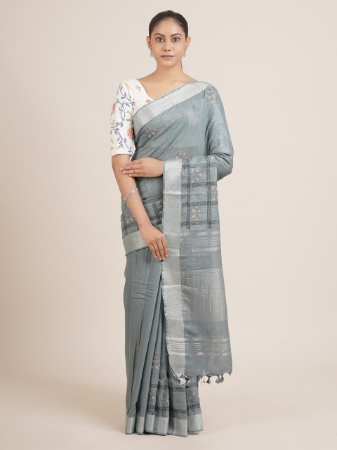

Pothys Grey & Silver-Toned Woven Design Zari Linen Blend Saree